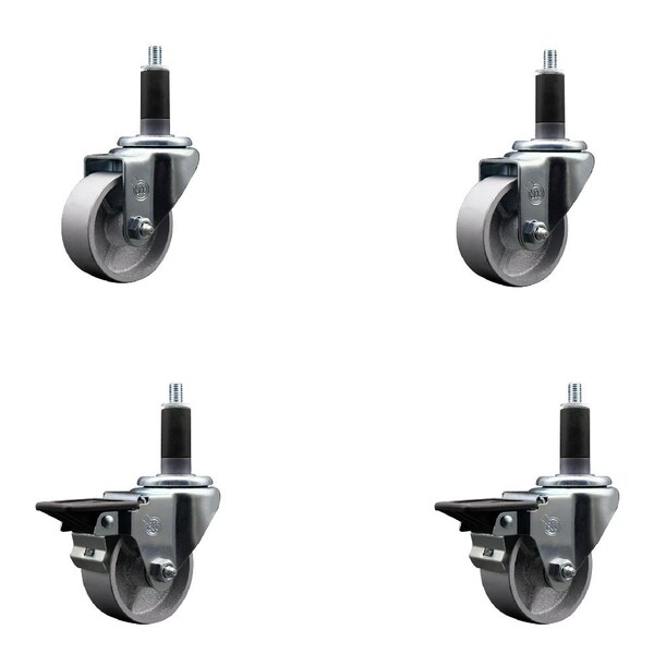 3'' Semi Steel Wheel Swivel 1-1/8'' Expanding Stem Caster Set 2 Brakes, 4PK